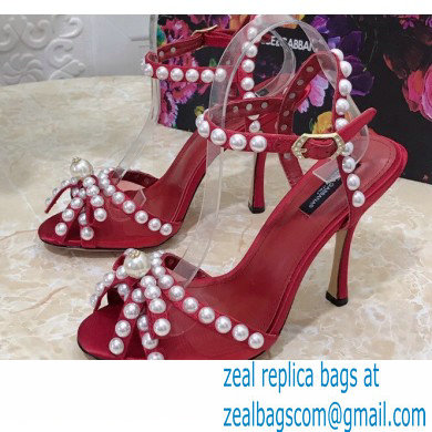 Dolce & Gabbana Heel 10.5cm Satin Sandals Red with Pearl Application 2021